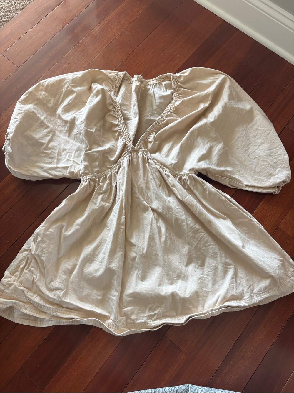 Free People Soft Beige V-Neck Puff Sleeve Mini Dress (worn once) - Picture 2 of 2